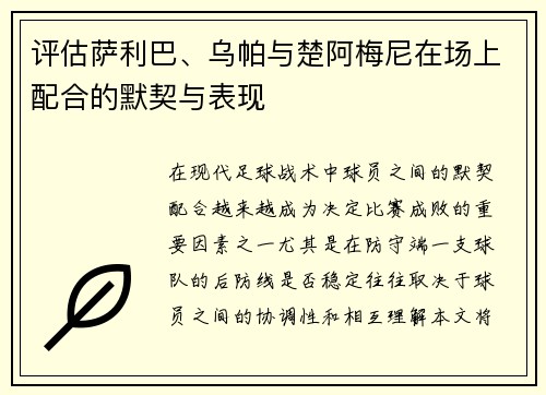 评估萨利巴、乌帕与楚阿梅尼在场上配合的默契与表现 评估萨利巴、乌帕与楚阿梅尼在场上配合的默契与表现