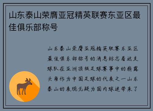 山东泰山荣膺亚冠精英联赛东亚区最佳俱乐部称号
