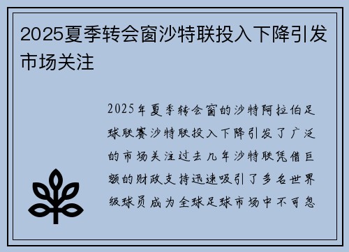 2025夏季转会窗沙特联投入下降引发市场关注 2025夏季转会窗沙特联投入下降引发市场关注