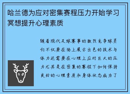 哈兰德为应对密集赛程压力开始学习冥想提升心理素质